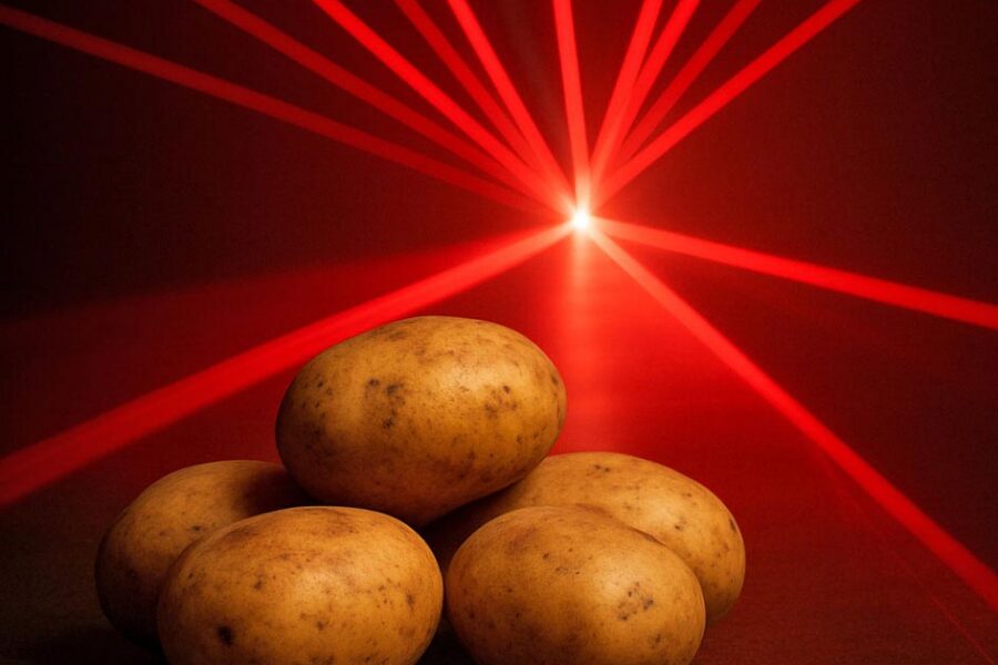 Lasers pointing at a pile of whole potatoes